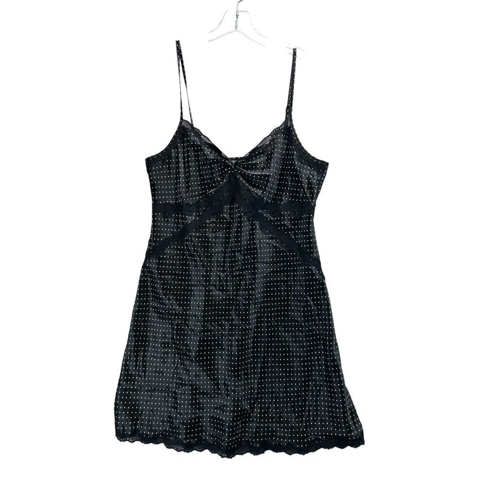 Morgan Taylor Black Satin Polka Dot Lace Trim Babydoll Slip Dress L